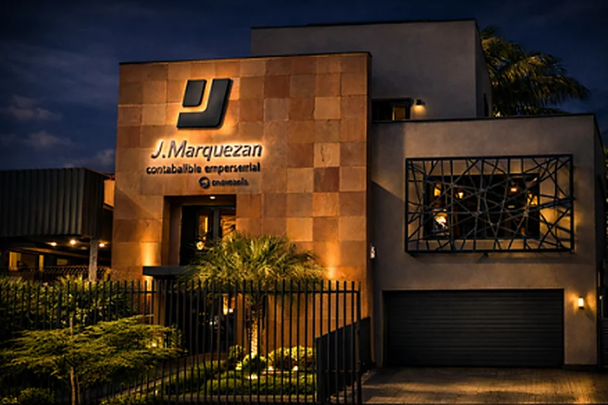 Fachada iluminada do escritório da J. Marquezan Contabilidade Empresarial ao anoitecer